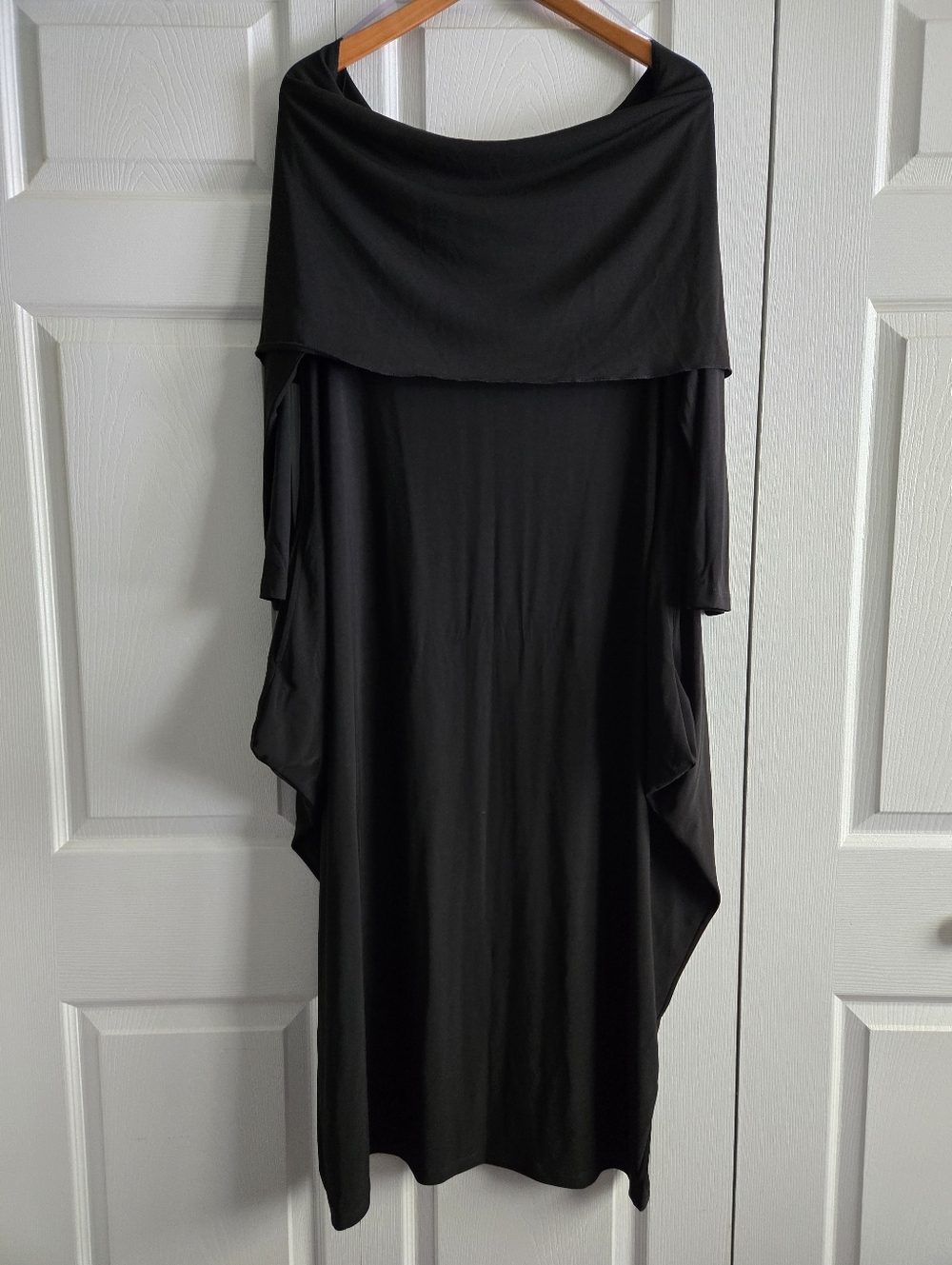 New Sun Kim Maryann Black Stretchy Flowy Drape Midi Length Dress